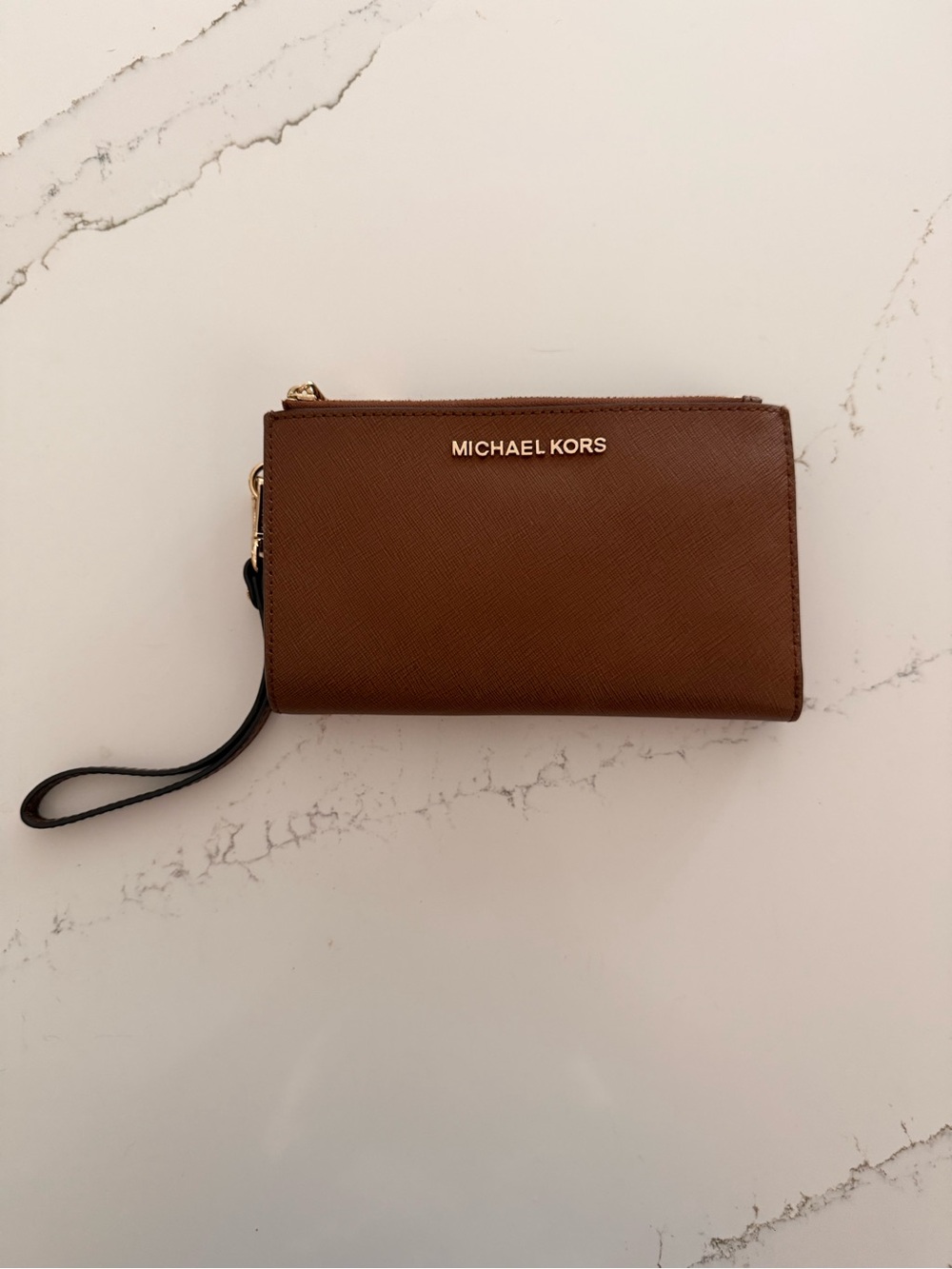 Michael Kors Brown Saffiano Leather Wristlet Wallet with Gold Logo